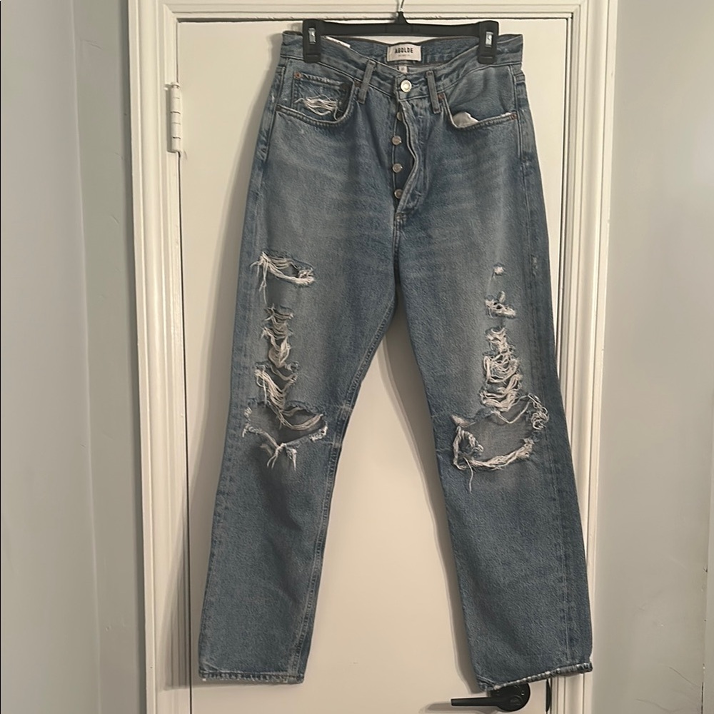 Agolde Blue Distressed Straight Leg Jeans